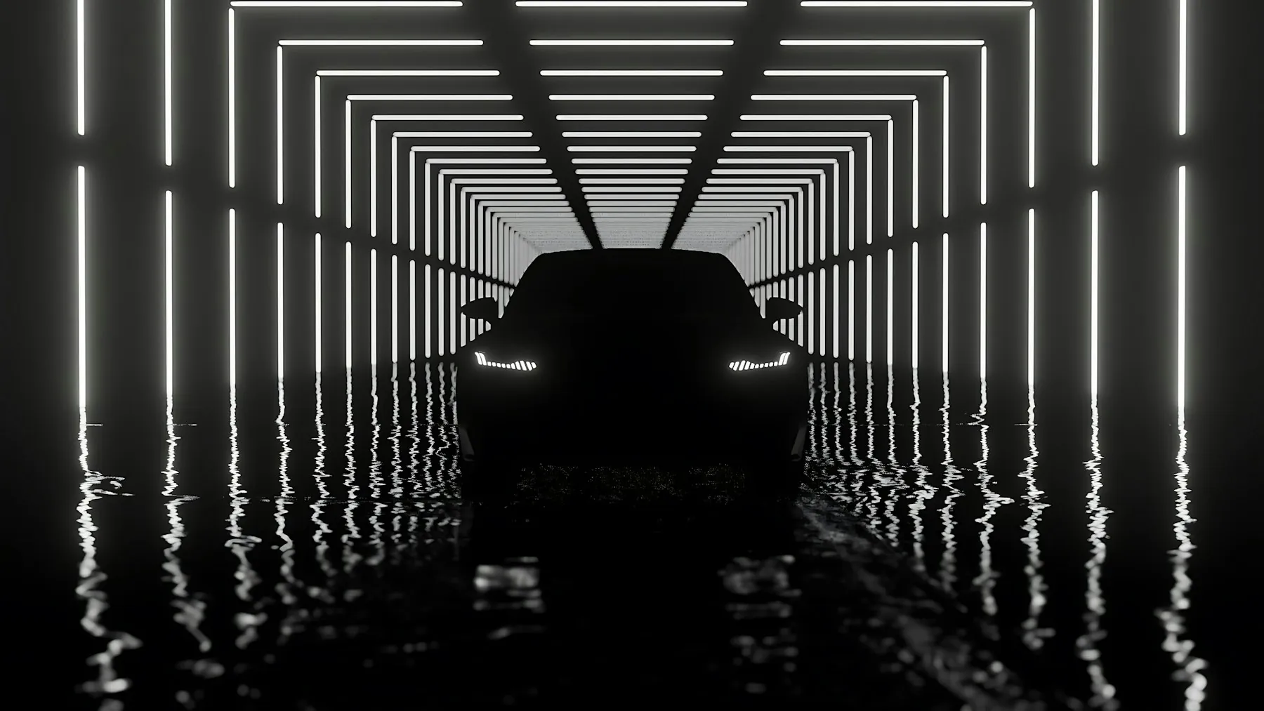 The silhouette of a car in a dark tunnel lined with bright light panels reflecting on a wet floor